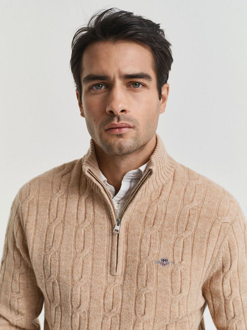 Halfzip lamswol trui cable beige