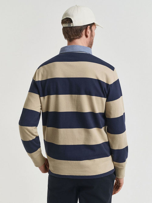 Gant heavy rugger shield longsleeve polo streep donkerblauw beige | Regular-fit