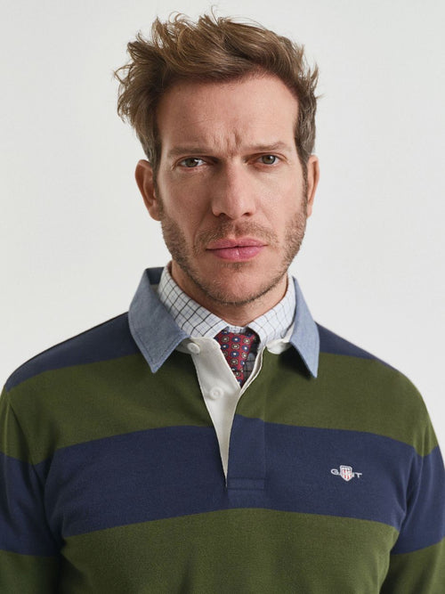 Gant heavy rugger shield longsleeve polo streep donkerblauw groen | Regular-fit