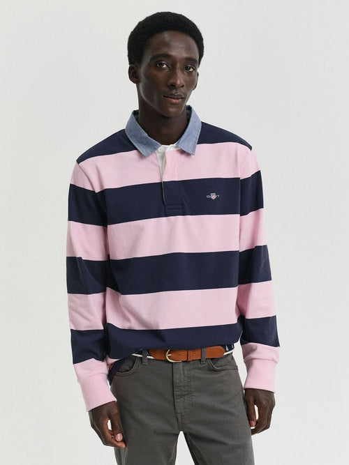 Gant heavy rugger shield polo streep donkerblauw roze | Regular-fit