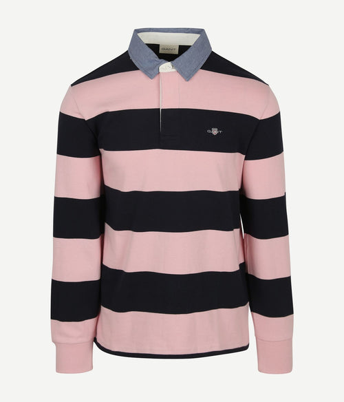 Gant heavy rugger shield polo streep donkerblauw roze | Regular-fit
