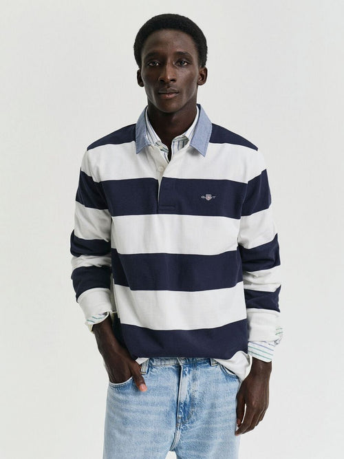 Gant heavy rugger shield polo streep donkerblauw wit | Regular-fit