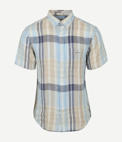 Gant korte mouwen overhemd linnen ruiten blauw | Regular-fit