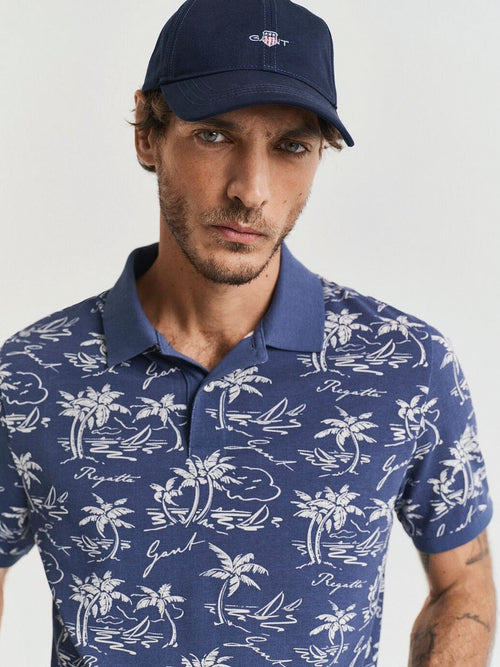 Poloshirt palm print dusty donkerblauw