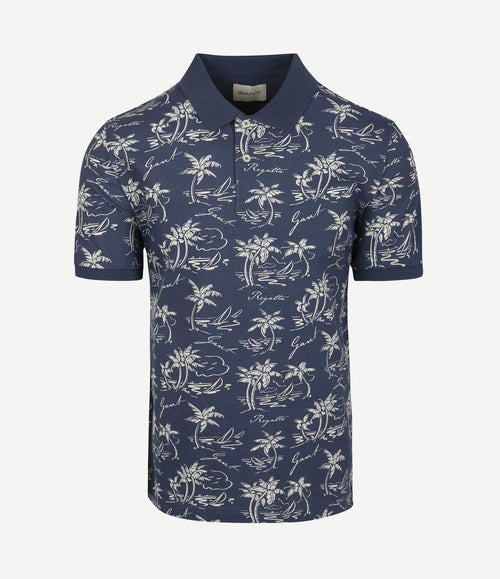 Poloshirt palm print dusty donkerblauw