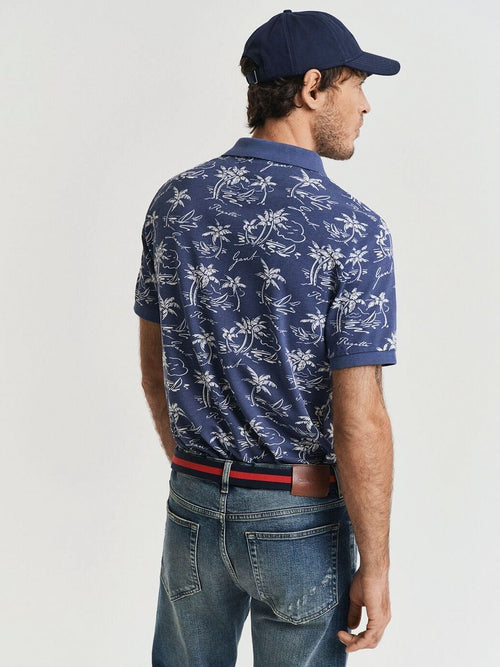 Poloshirt palm print dusty donkerblauw