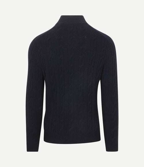 Halfzip lamswol trui cable donkerblauw