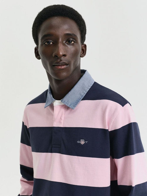 Gant heavy rugger shield polo streep donkerblauw roze | Regular-fit