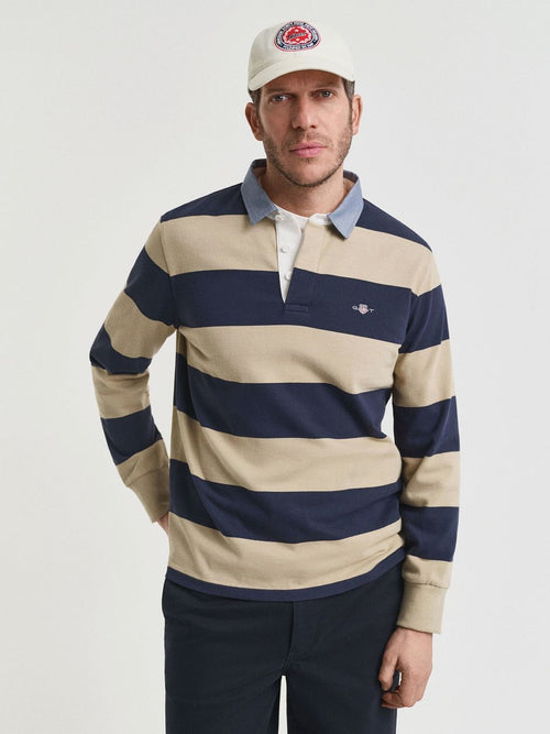 Gant heavy rugger shield longsleeve polo streep donkerblauw beige | Regular-fit