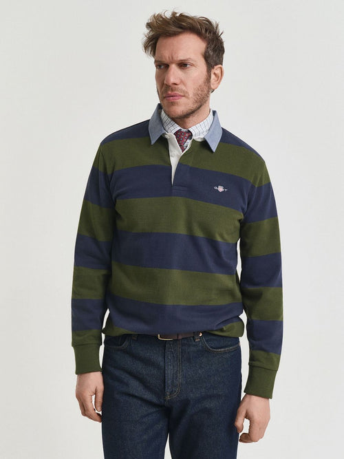 Gant heavy rugger shield longsleeve polo streep donkerblauw groen | Regular-fit