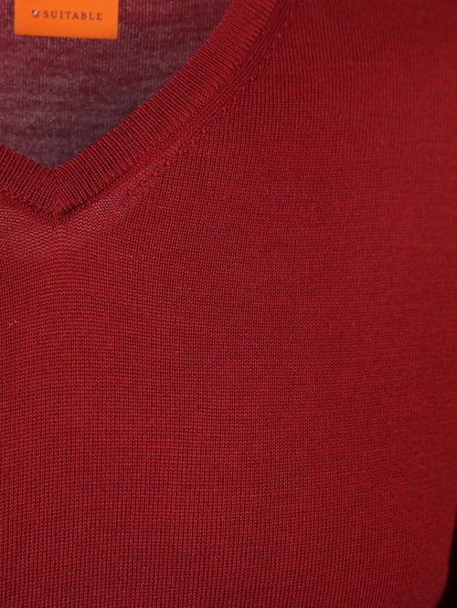 Suitable merino pullover v-hals donkerrood | Slim-fit