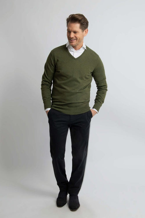 Trui cotton cashmere v-hals olijfgroen