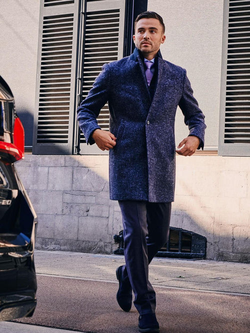 Coat wol herringbone donkerblauw