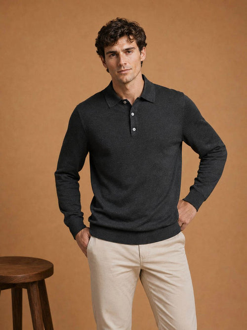 The robert long sleeve poloshirt merino zwart
