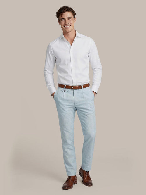 Chino Pico pleat cotton linen glencheck lichtblauw