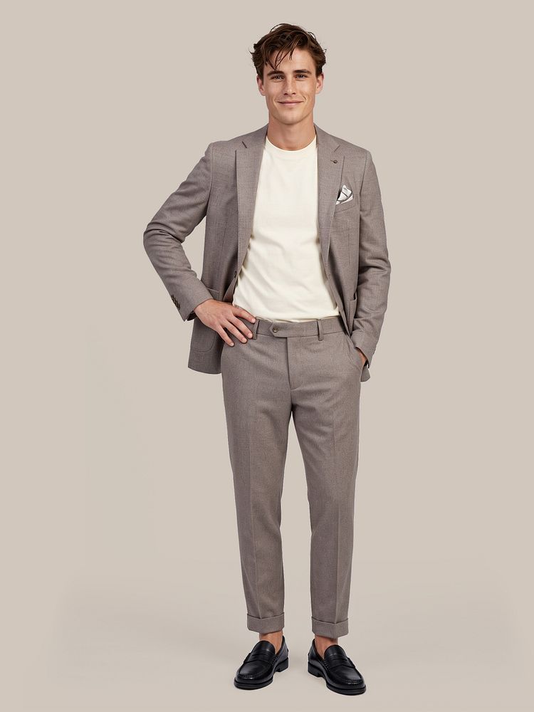 Colbert fame houndstooth tabacco met respect t-shirt tim ecru, aiden pantalon houndstooth tabacco en penny loafers leer zwart