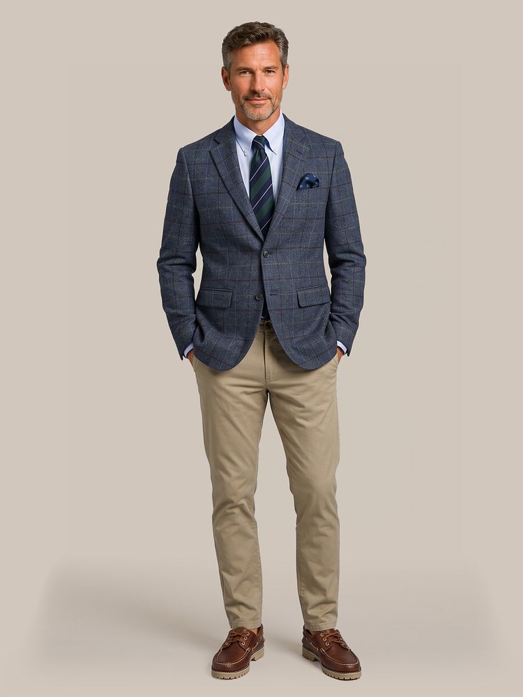 Colbert wol donkerblauw met zijde pochet bloem donkerblauw, stropdas zijde triple stripe donkergroen, overhemd twill lichtblauw, chino newbury heavy twill kaki en bootschoenen leer bruin