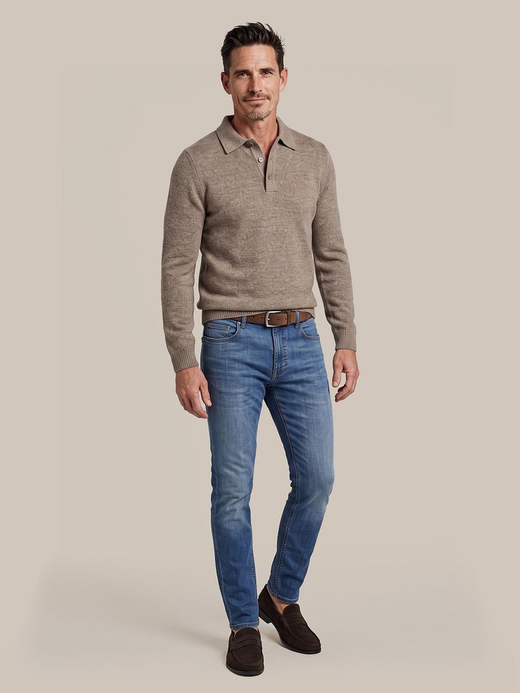 Button longue melange poloshirt beige met riem suede leer bruin, DENM jeans blauw en penny loafers suede bruin