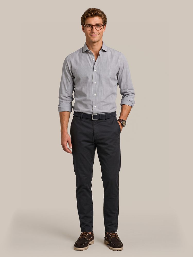 Look 547: gestreept donkerblauw overhemd, donkerblauwe chino en suede bootschoenen bruin