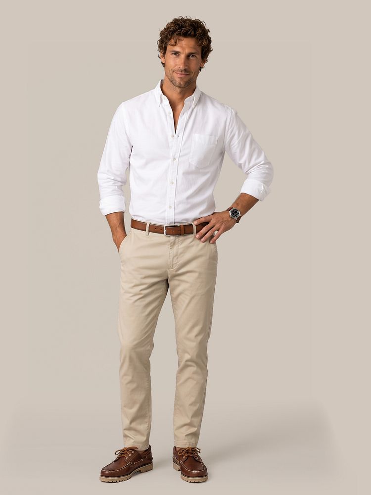 Look 549: wit overhemd extra lange mouwen, beige chino en bruine bootschoenen