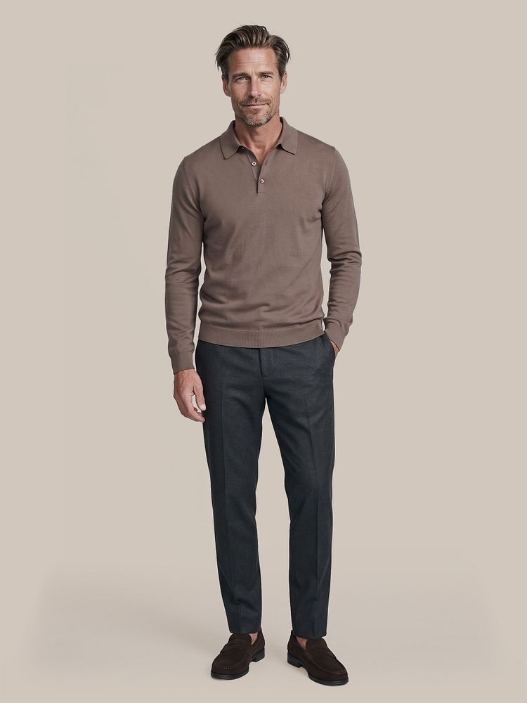 Compact cotton poloshirt taupe met riem suede bruin, aiden pantalon houndstooth forest en penny loafers suede bruin