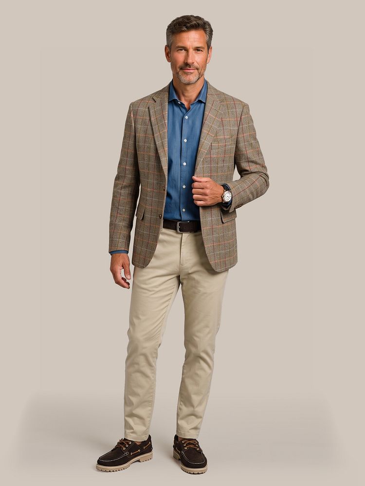 Colbert shetland wool check green met riem suede bruin, chino newbury beige en bootschoenen suede bruin