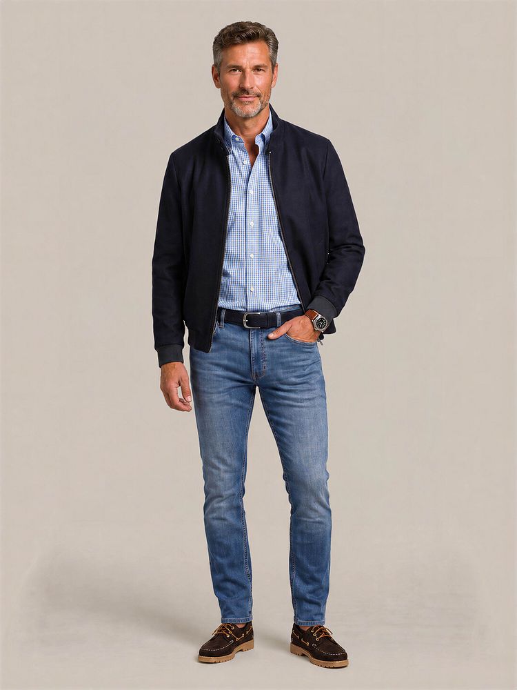 Overhemd ruit lichtblauw met riem suede navy, denm jeans blauw en bootschoenen suede bruin