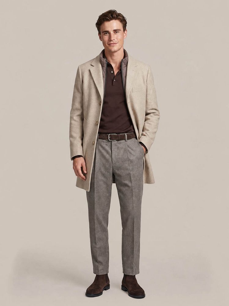 Coat wol twill sand met compact cotton poloshirt bordeaux, riem suede bruin en chelsea boot suede bruin