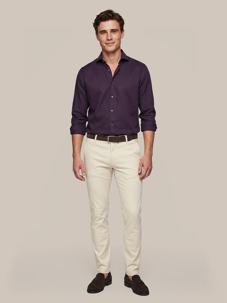 Sorona overhemd aubergine met riem suede bruin, chino philo flex kit en penny loafers suede bruin