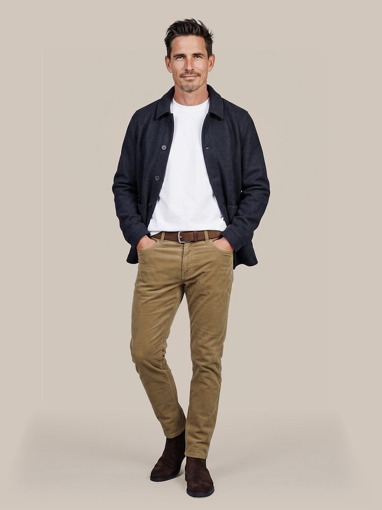 Look 605: Overshirt wool bouclé donkerblauw met Obra t-shirt, Riem suède leer bruin, Chino Plato corduroy sand en Chelsea boot suede bruin
