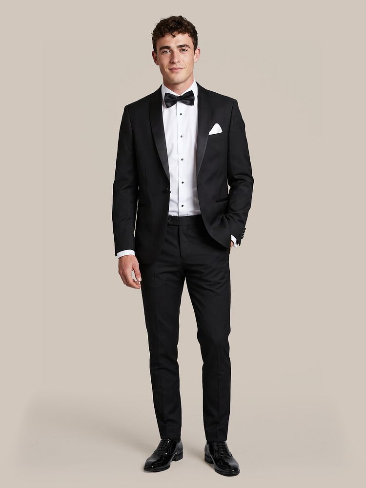 Blazer harlem stretch met zijde pochet wit, strik zwart, smoking overhemd wit slim-fit, base pantalon zwart en lakschoen leer zwart
