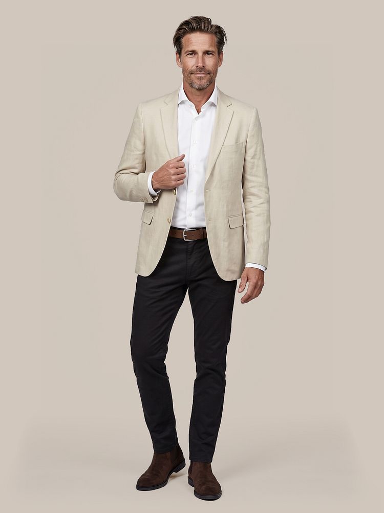 Blazer pasetta ecru met sorona overhemd gebroken wit, riem suède leer bruin en chino peano twill donkerblauw