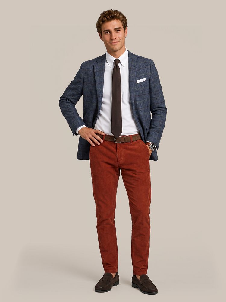 Colbert wol donkerblauw met zijde pochet wit, overhemd twill wit, riem suède leer bruin, chino flemm corduroy wine en penny loafers suede bruin
