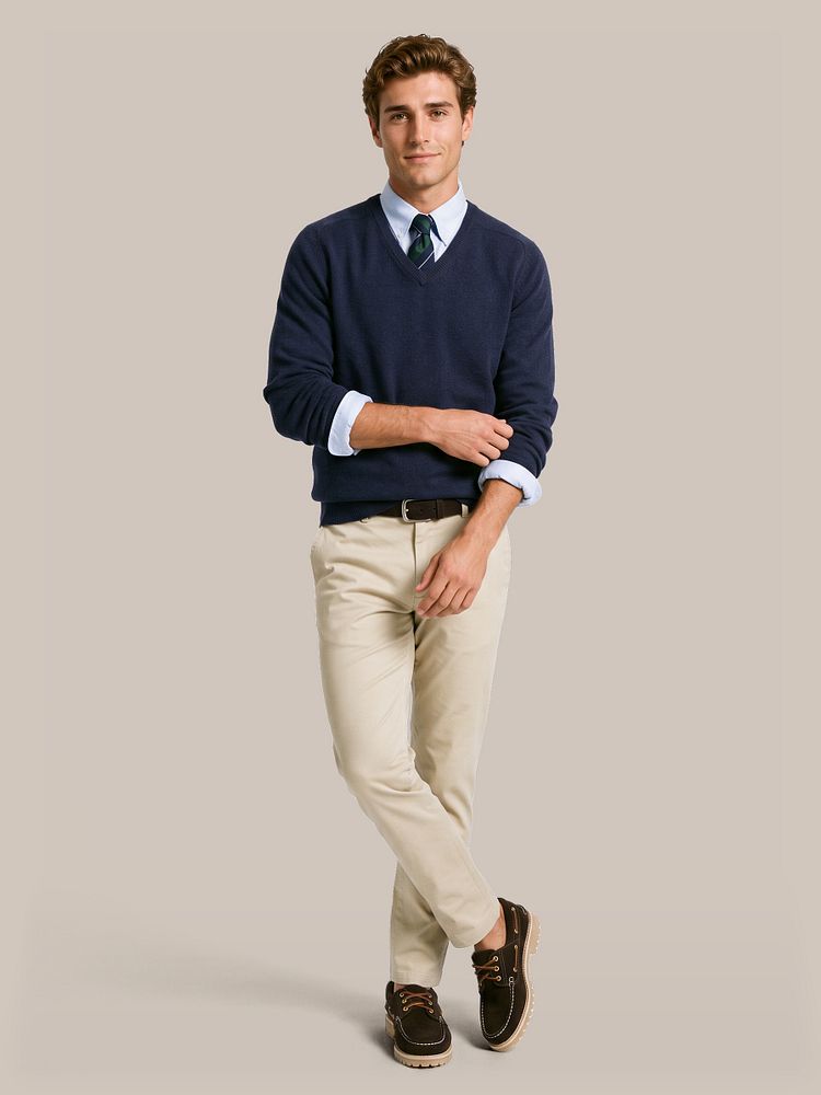 Trui v-hals lamswol donkerblauw met stropdas zijde triple stripe donkergroen, overhemd twill lichtblauw, riem suède leer bruin, chino newbury light twill beige en bootschoenen suede bruin