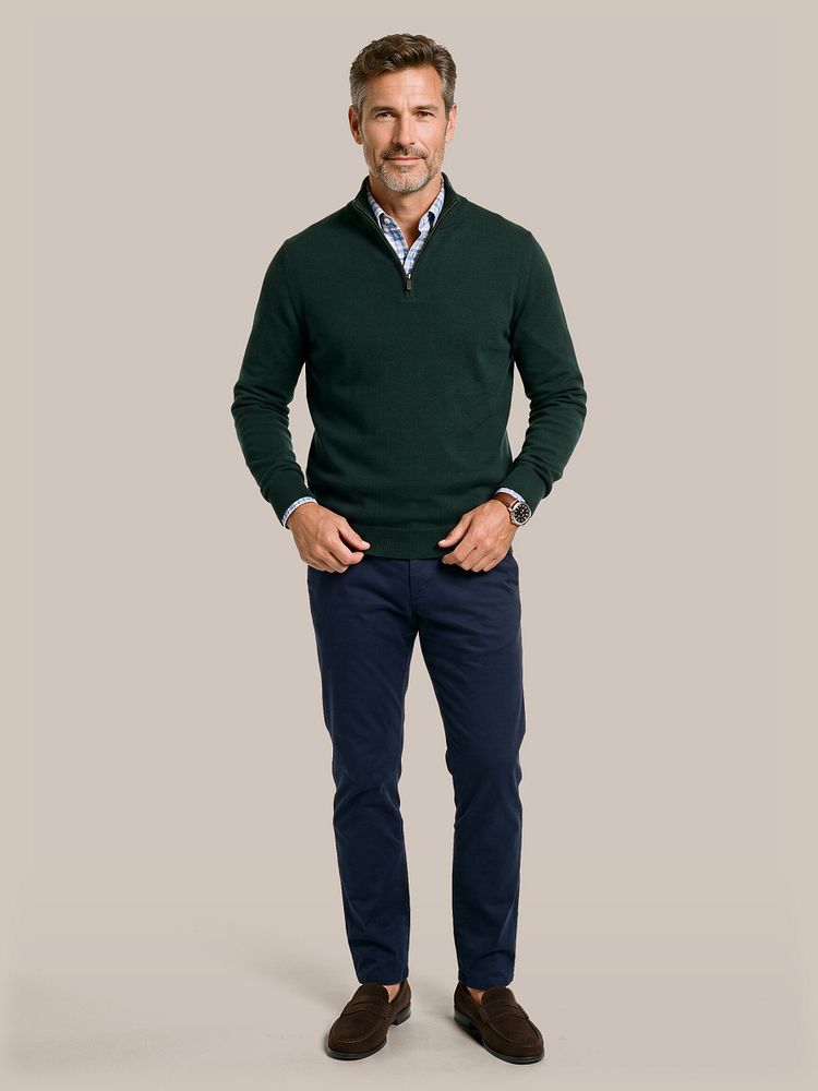 Overhemd linen cotton checks blauw sand met riem suède leer bruin, chino newbury heavy twill donkerblauw en penny loafers suede bruin
