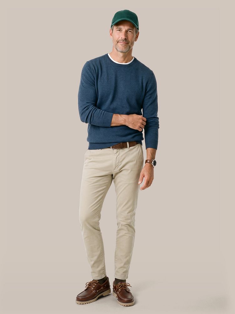 Cap wool blend groen met trui merinowol kobaltblauw, obrambo t-shirt wit (2-pack) – extra lang en hooggesloten, riem suède leer bruin, chino plato corduroy off white, wol edinburgh melange bruin 7410 en bootschoenen leer bruin