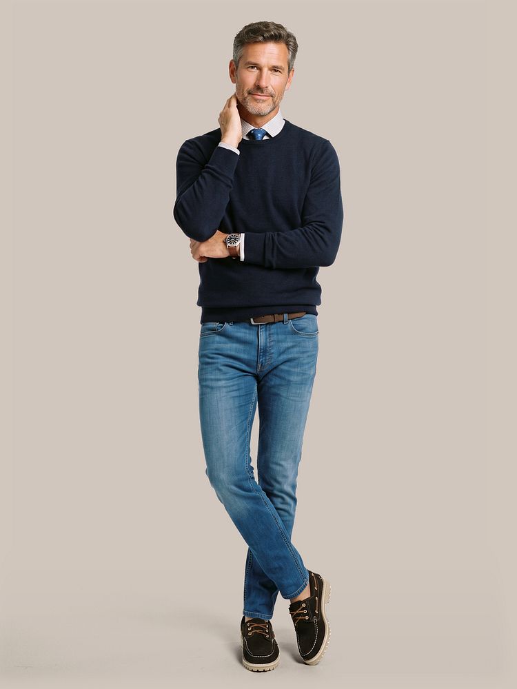Trui cashmere donkerblauw met stropdas zijde bloem donkerblauw, overhemd streep bruin, riem suède leer bruin, denm jeans blauw en bootschoenen suede bruin