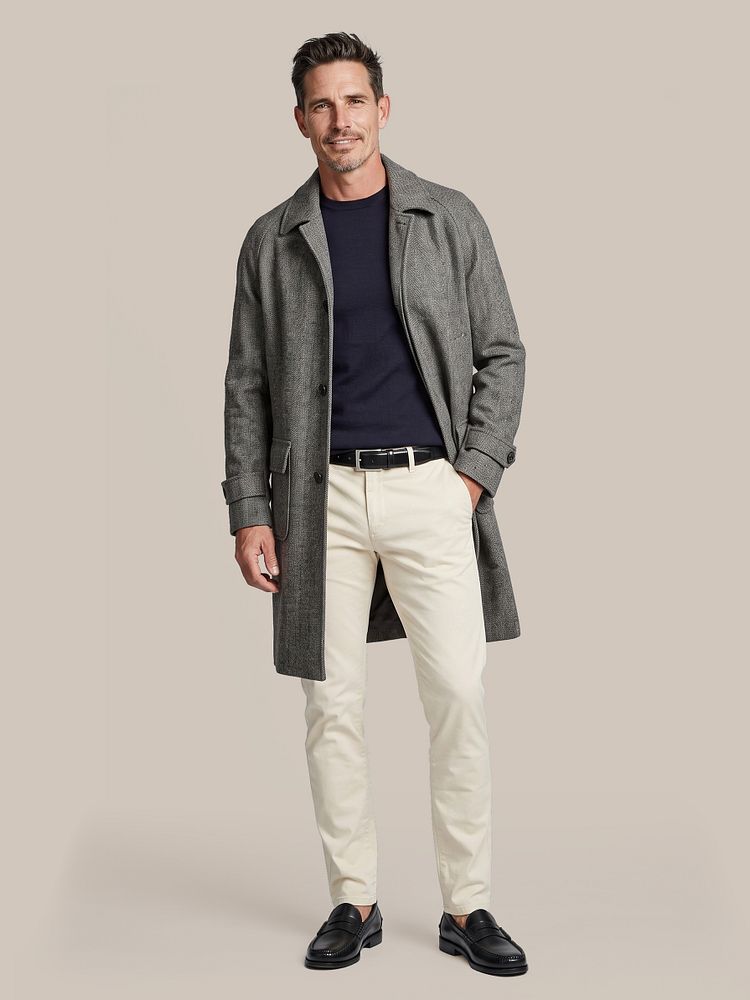 Look 587: Coat longsaddle herringbone bruin met Merino pullover donkerblauw, Riem zwart 314, Chino philo flex kit en Penny loafers leer zwart