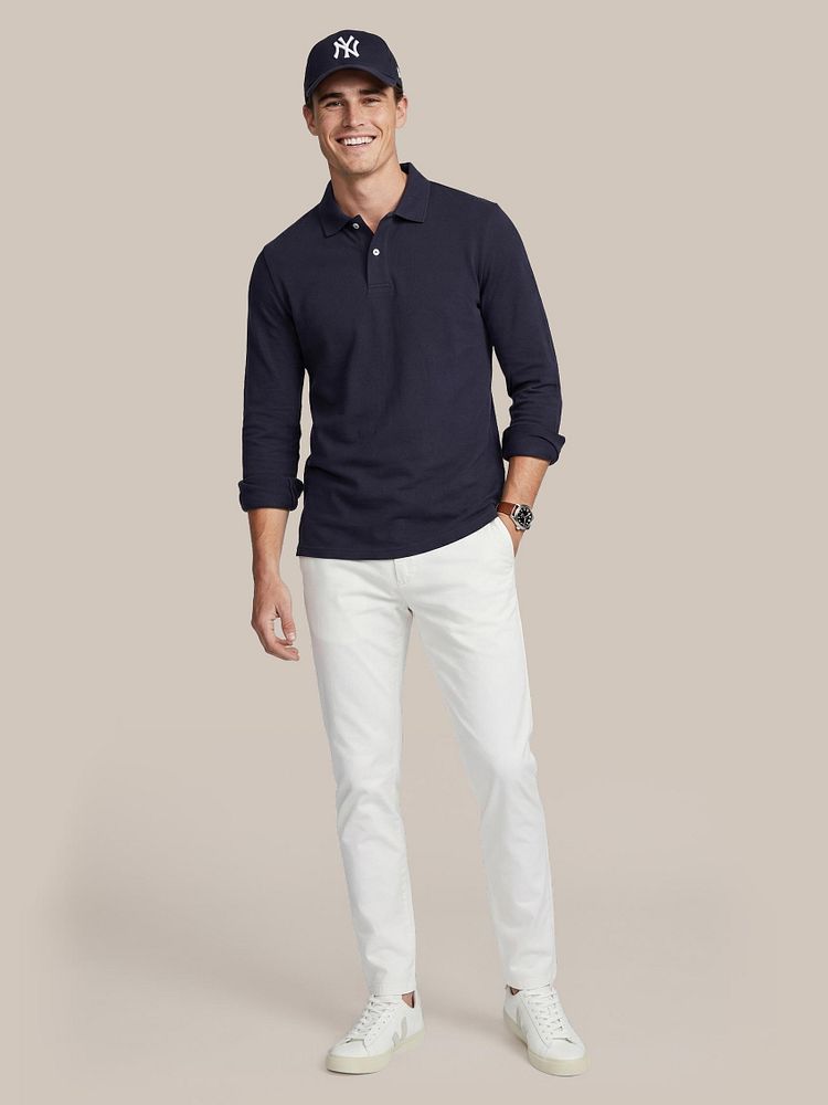 Chino portsmouth poplin ecru met Longsleeve polo piqué classic donkerblauw