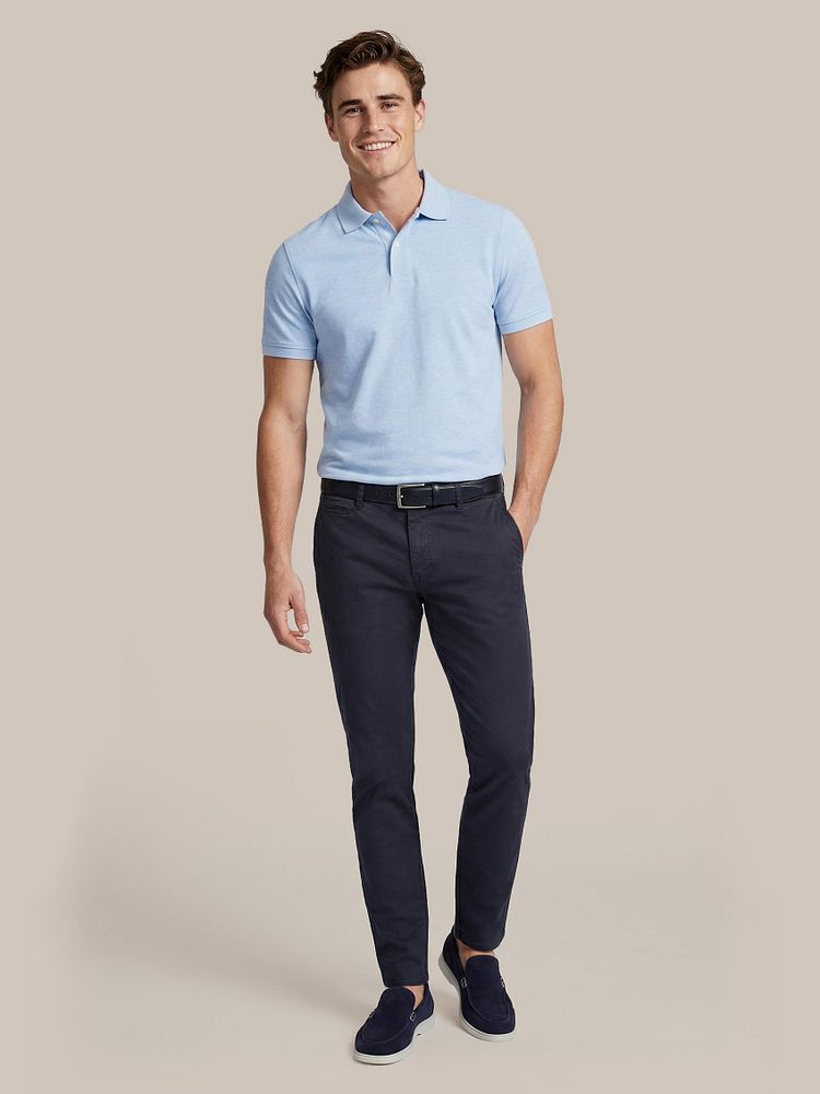 Azul loafers donkerblauw met Chino Plato donkerblauw, Poloshirt mel pique sky blue en Riem suede donkerblauw 309