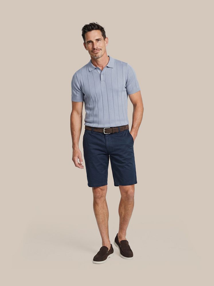 Azul loafers bruin met Berry short donkerblauw, Respect polo drop needle staal blauw en Riem suède leer bruin