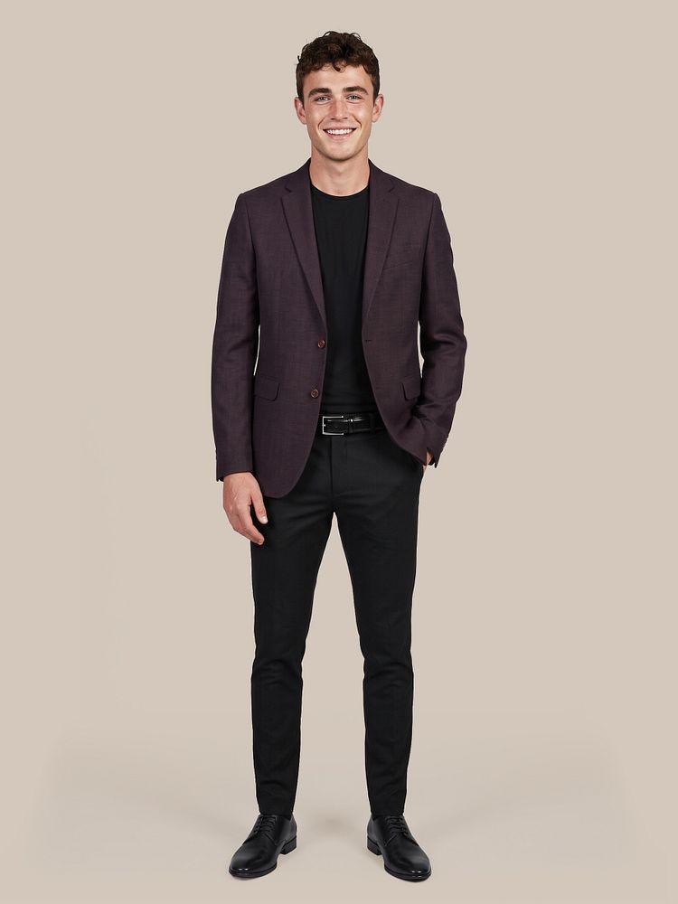 Colbert fine structure bordeaux met ota t-shirt o-hals zwart (2-pack), riem zwart 314, base pantalon zwart en leren derby herenschoen zwart