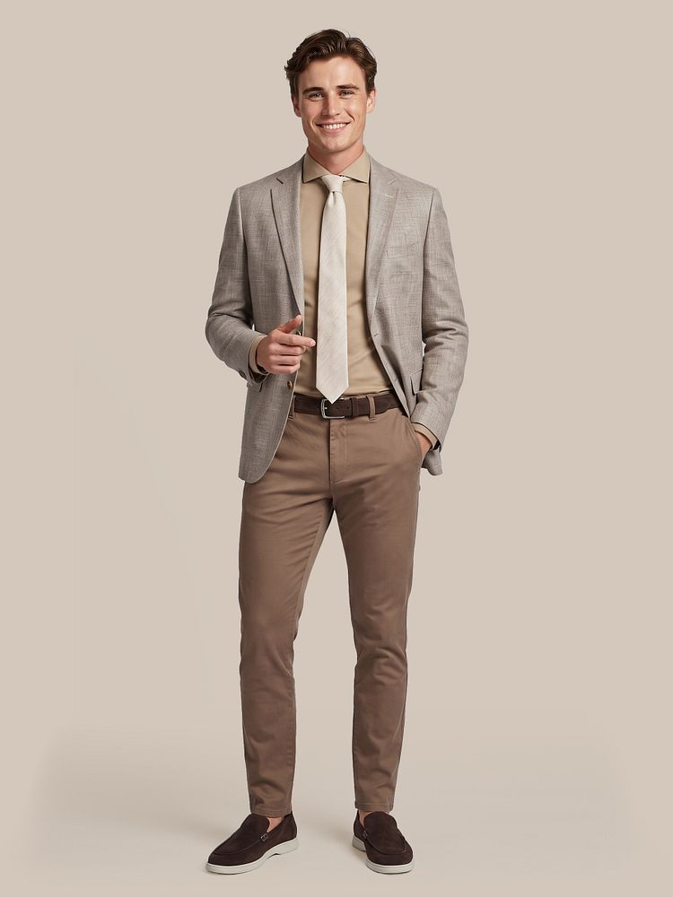 Colbert fine structure beige met stropdas zijde délavé beige, sorona overhemd beige, riem suède leer bruin, chino philo flex taupe en azul loafers bruin