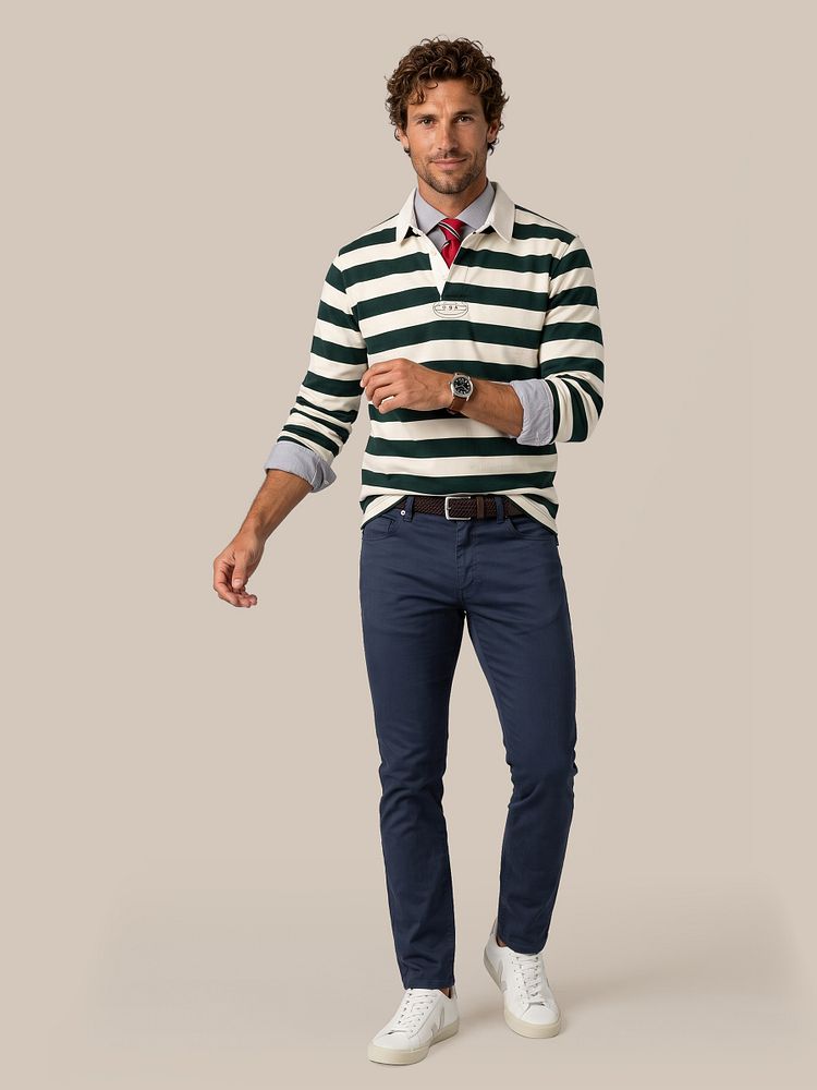Look 578: Rugby polo streep groen ecru met Overhemd streep lichtblauw, Stropdas zijde triple stripe rood, Geweven riem bruin, Broek bruno structured en Sneaker wit