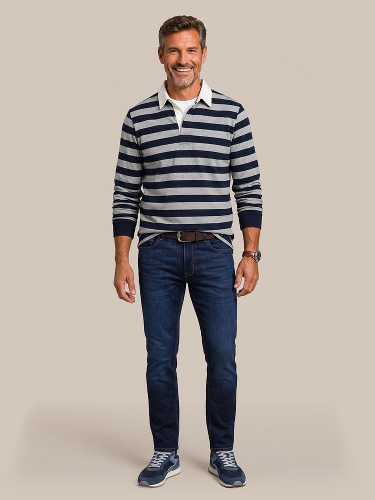 Look 582: Rugby polo streep donkerblauw grijs met Obra t-shirt, Riem suède leer bruin, Denm jeans donkerblauw en Sneakers city