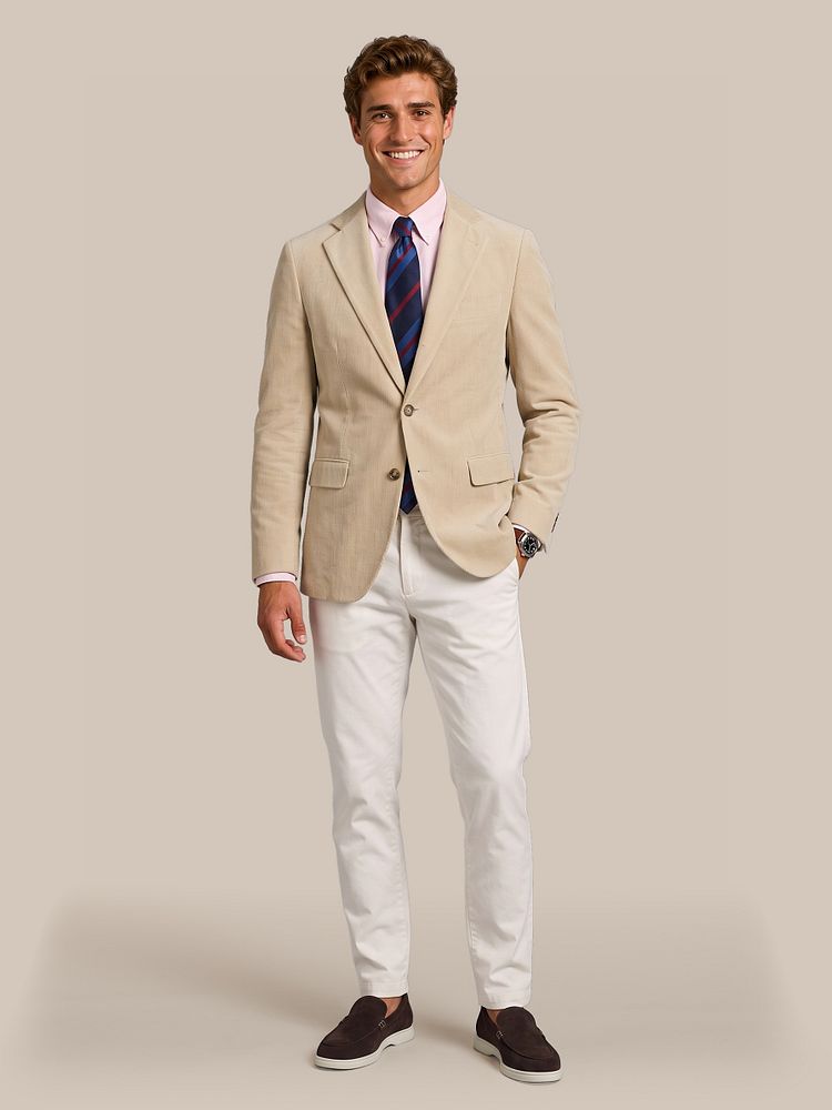 Colbert cord beige met stropdas zijde triple stripe donkerblauw, overhemd oxford roze, chino portsmouth poplin ecru en azul loafers bruin