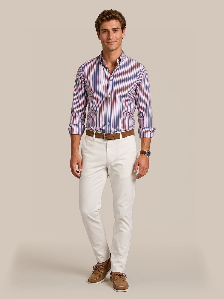 Overhemd streep donkerblauw rood met riem suède leer cognac, chino portsmouth poplin ecru en bootschoenen leer bruin