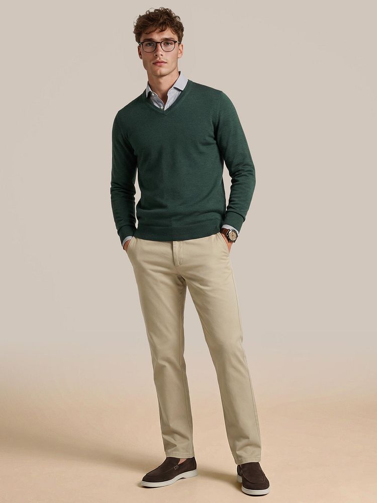 Azul loafers bruin met Chino newbury beige, Merino pullover v-hals racing groen en Overhemd streep donkerblauw