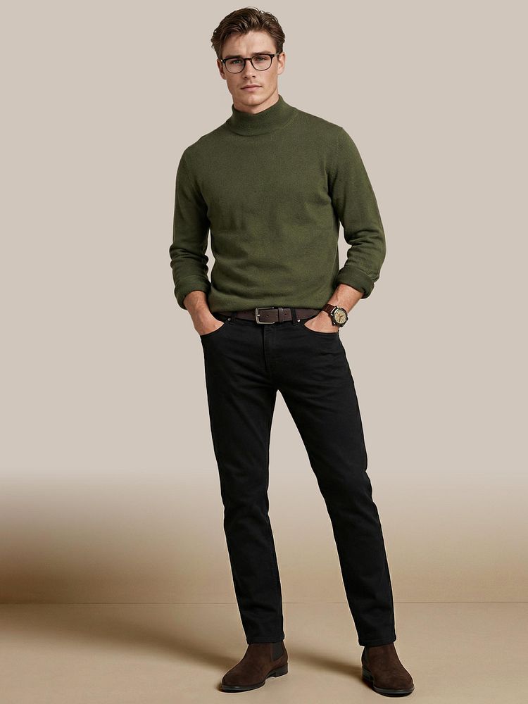 Boy chelsea boots bruin met Chino flemm corduroy donkerblauw, Coltrui cotton cashmere olijfgroen, Ota t-shirt ronde hals wit (2-pack) en Riem suede bruin 308