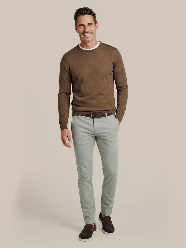 Merino pullover taupe met Ota t-shirt ronde hals wit (2-pack)